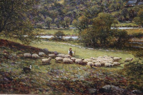 Alfred Augustus Glendening (1861-1907) Shepherd and flock in a valley, 24 x 42in.